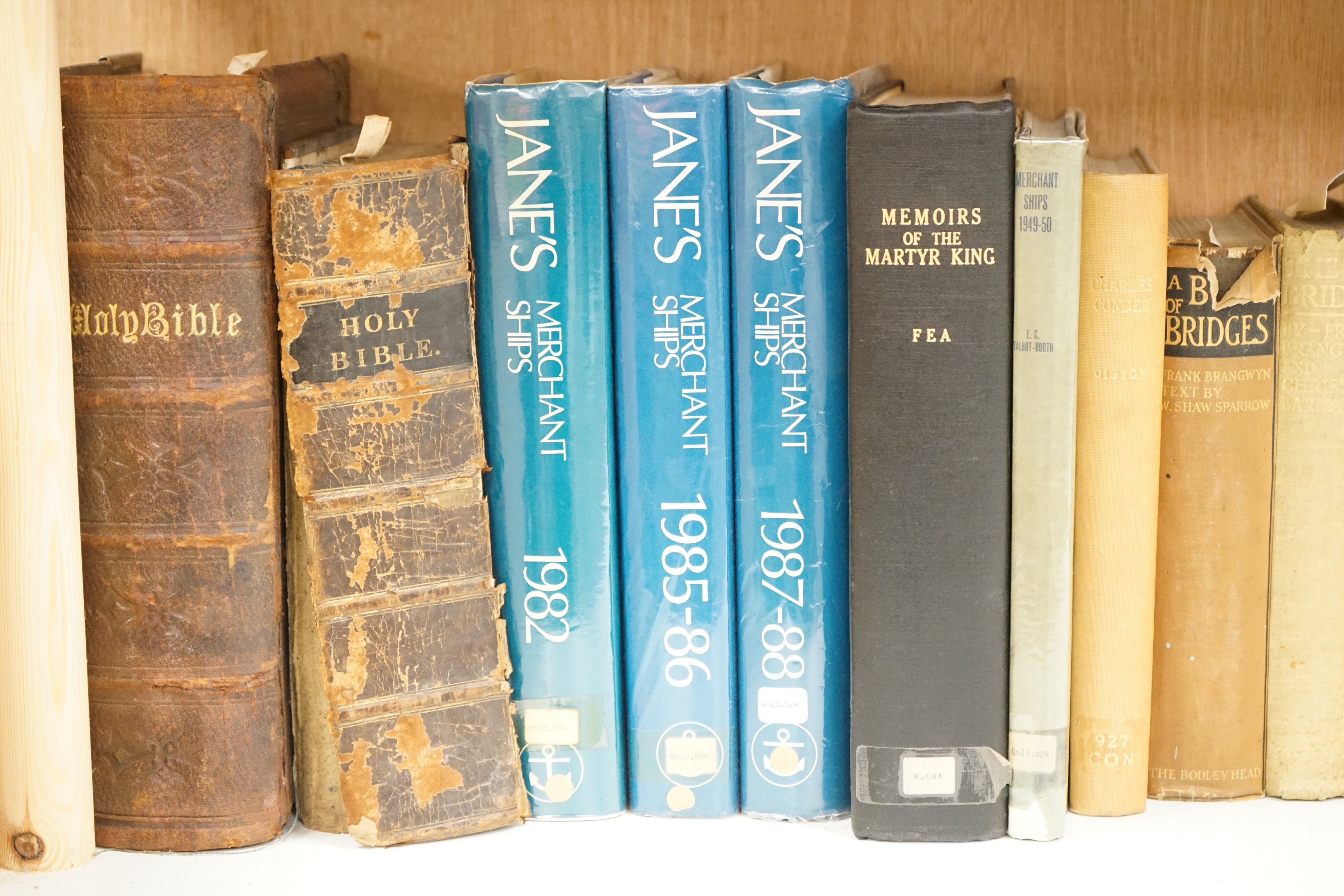 A quantity of books to include Frank Brangwyn, bibles, Janes merchant ships etc.